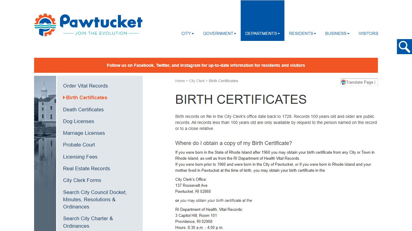 Birth Certificates | City Of Pawtucket